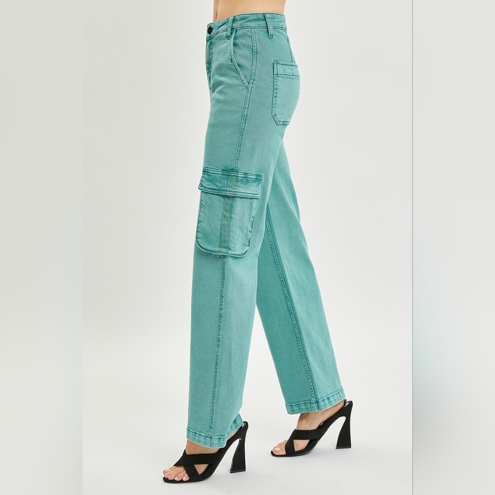 Stylish Teal Wide Leg Cargo Jeans - Picture 2 of 7